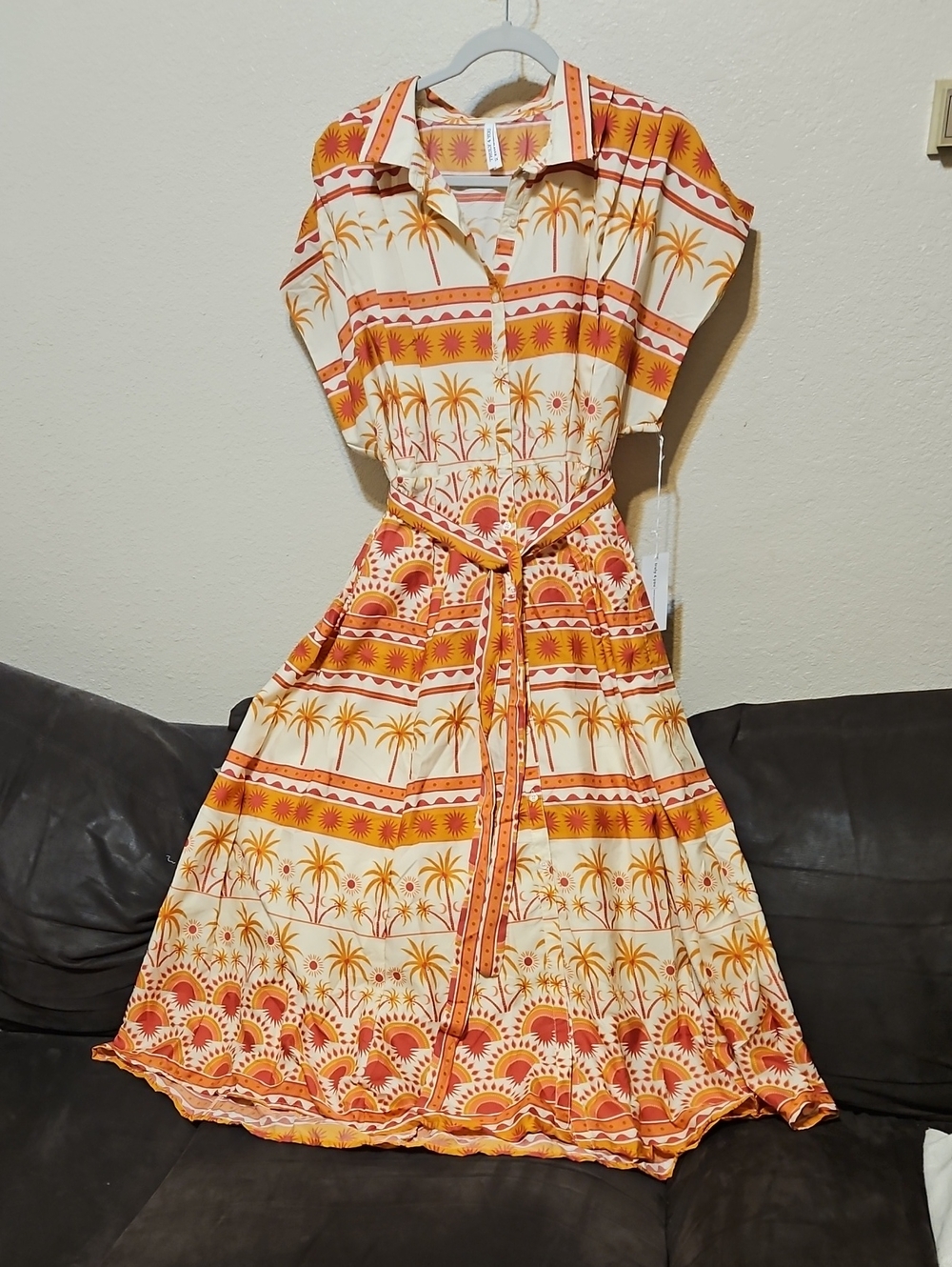 Printed Orange & Cream Maxi Shirt Dress with Tie Waist